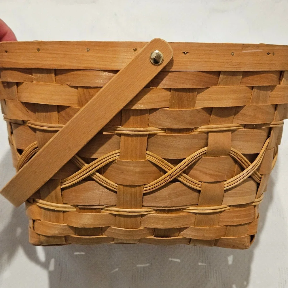 Swing Handle Woven Basket Brown Wood Splint Rustic Cottagecore Farmhouse Vintage